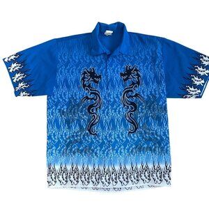725 Originals Dragon Shirt Tribal Flame Mens Lg Y2K Button Up Short Sleeve